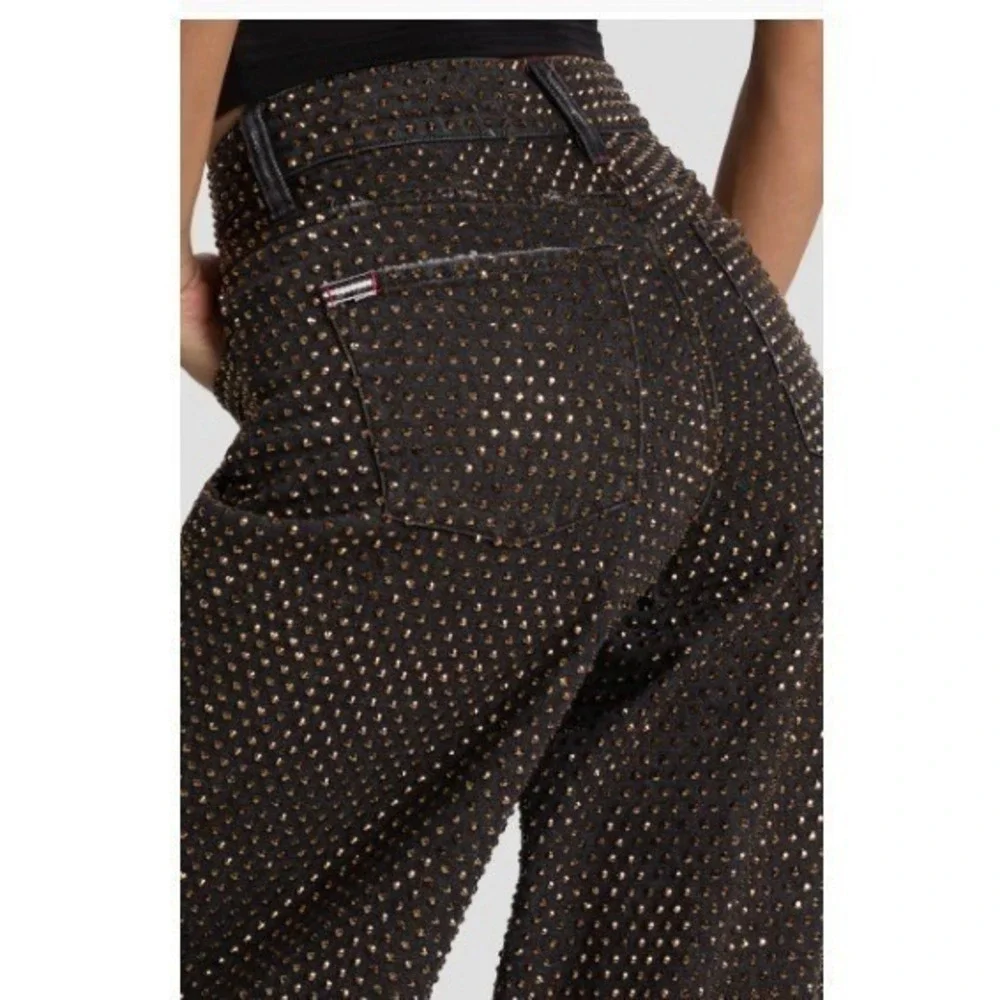 Alice and Olivia Black Gold Rhinestone Embellished Wide Leg Jeans High Rise | 28 - Picture 10 of 10